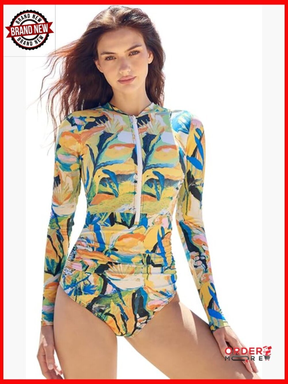 Long Sleeve One Piece Swimsuit Rash Guard Ruched Zip UPF 50+